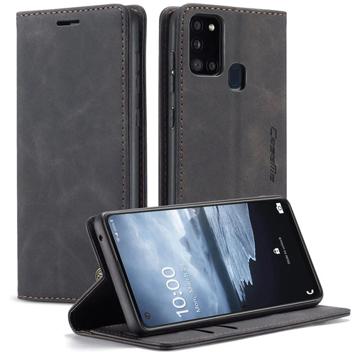 CASEME 013 Series Auto-absorbed Leather Shell Protection Wallet Case for Samsung Galaxy A21s - Black - 1