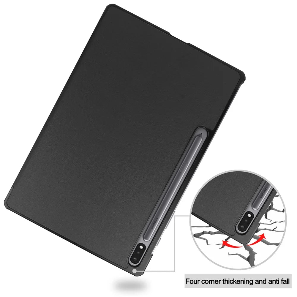 Tri-fold Stand Leather Smart Case for Samsung Galaxy Tab S7+ / S8+ - Black - 7