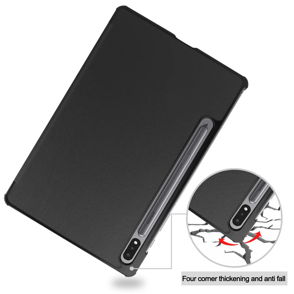 Ultra Slim Tri-fold Stand PU Leather Hard Shell Folio Tablet Case for Samsung Galaxy Tab S7 T870 / S8 - Black - 7