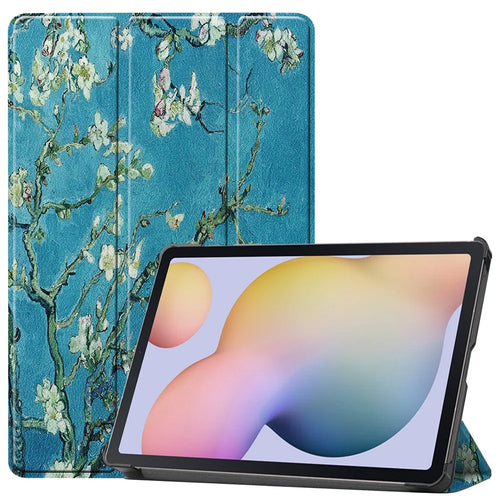 Pattern Printing PU Leather Tri-fold Stand Tablet Shell for Samsung Galaxy Tab S7 T870 / S8 - Peach Blossom - 1