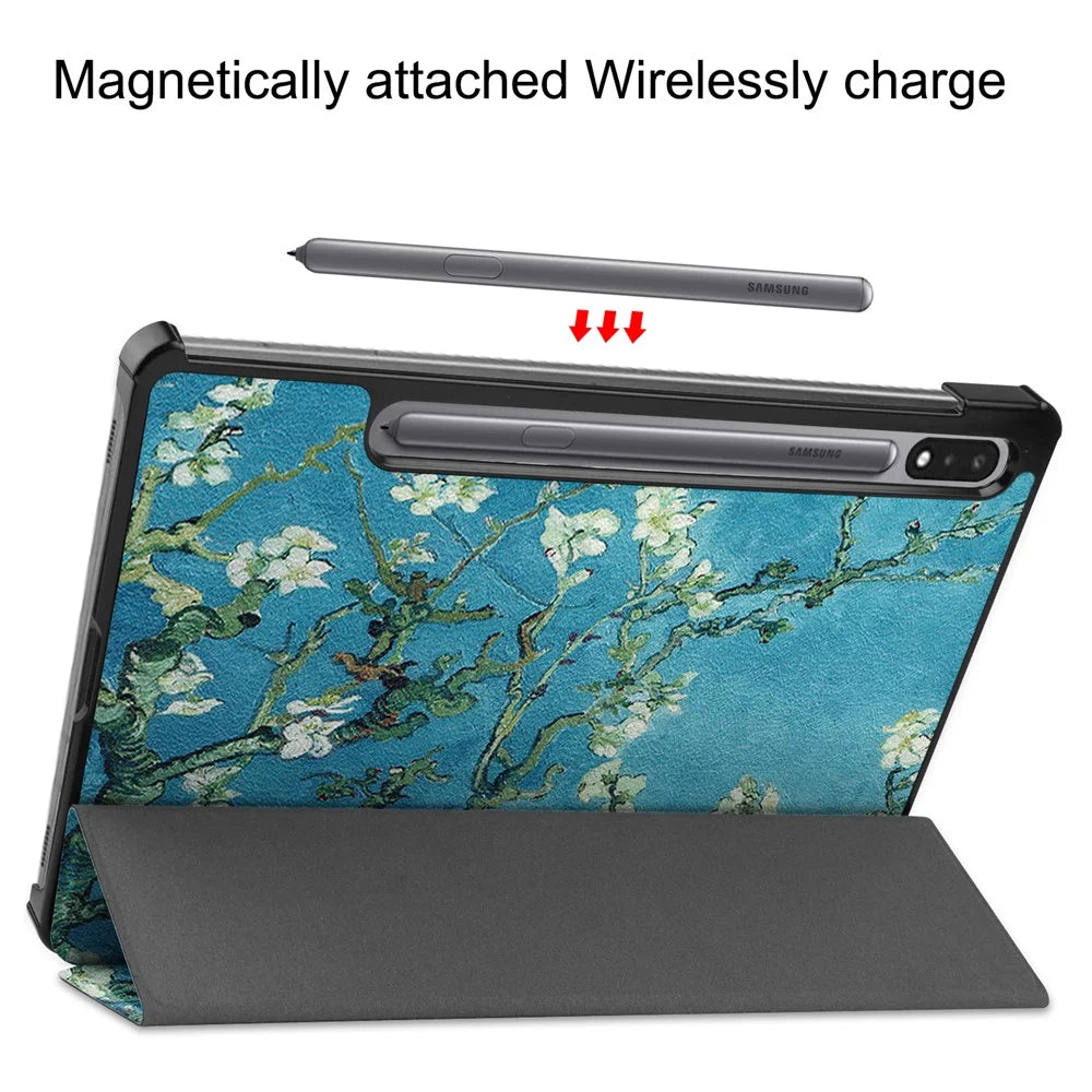 Pattern Printing PU Leather Tri-fold Stand Tablet Shell for Samsung Galaxy Tab S7 T870 / S8 - Peach Blossom - 6