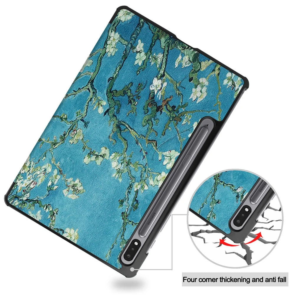 Pattern Printing PU Leather Tri-fold Stand Tablet Shell for Samsung Galaxy Tab S7 T870 / S8 - Peach Blossom - 7