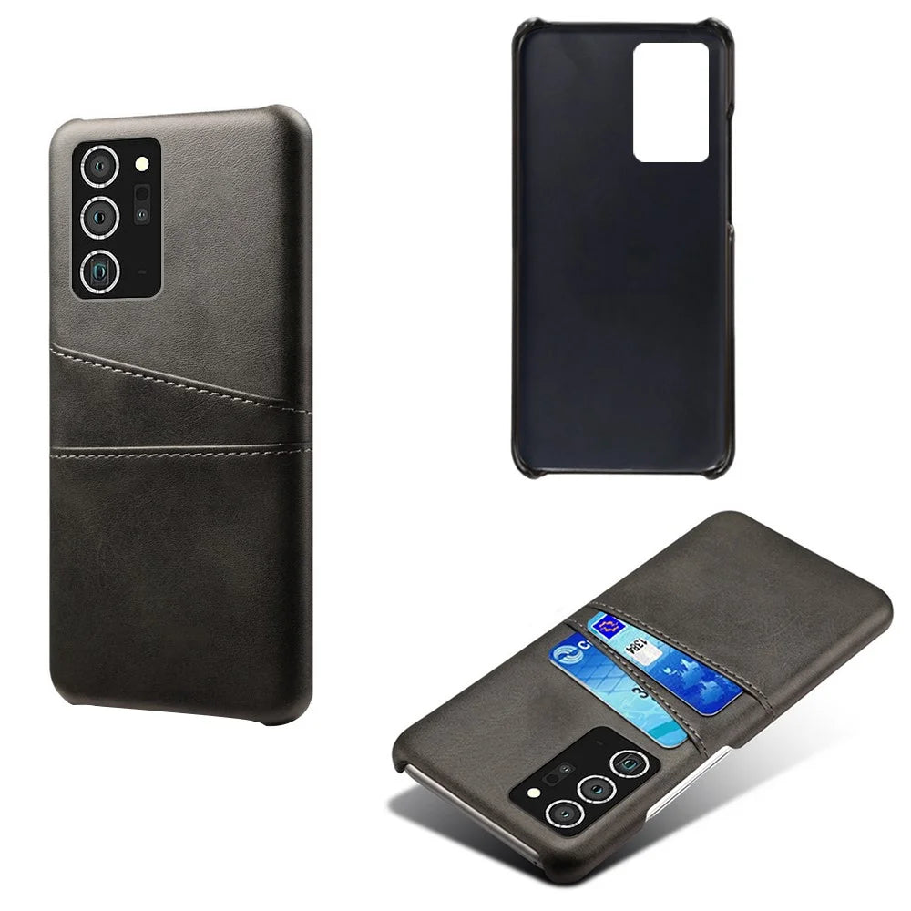 Hard Cover Double Card Slots PU Leather Coated Plastic Phone Case for Samsung Galaxy Note20 / Note20 5G - Black - 5