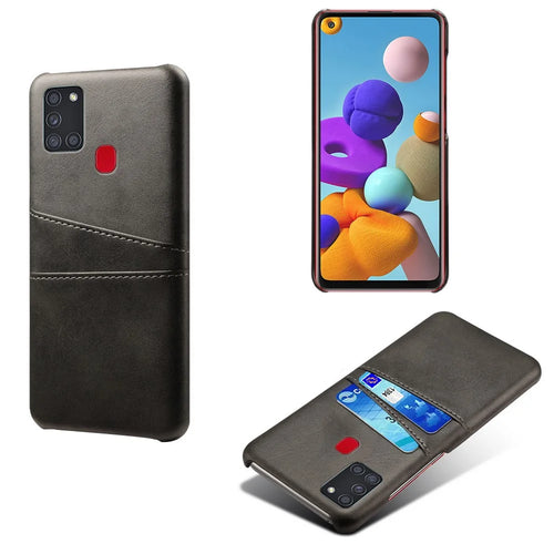 PU Leather Coated Plastic Case with Double Card Slots for Samsung Galaxy A21s - Black - 1
