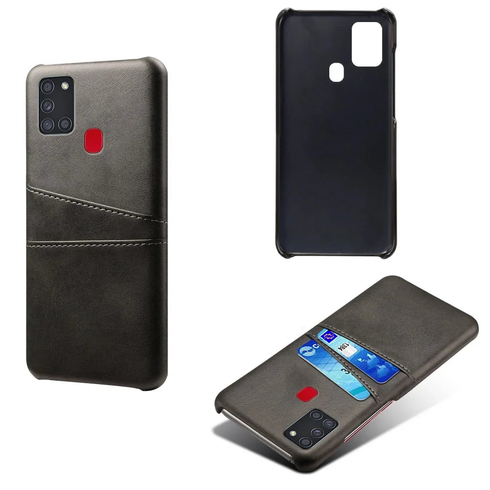 PU Leather Coated Plastic Case with Double Card Slots for Samsung Galaxy A21s - Black - 2
