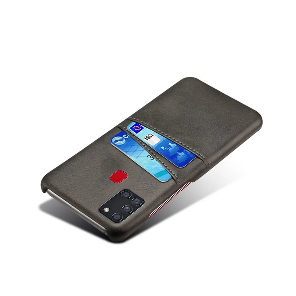 PU Leather Coated Plastic Case with Double Card Slots for Samsung Galaxy A21s - Black - 4