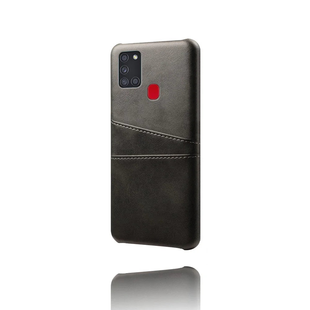 PU Leather Coated Plastic Case with Double Card Slots for Samsung Galaxy A21s - Black - 5