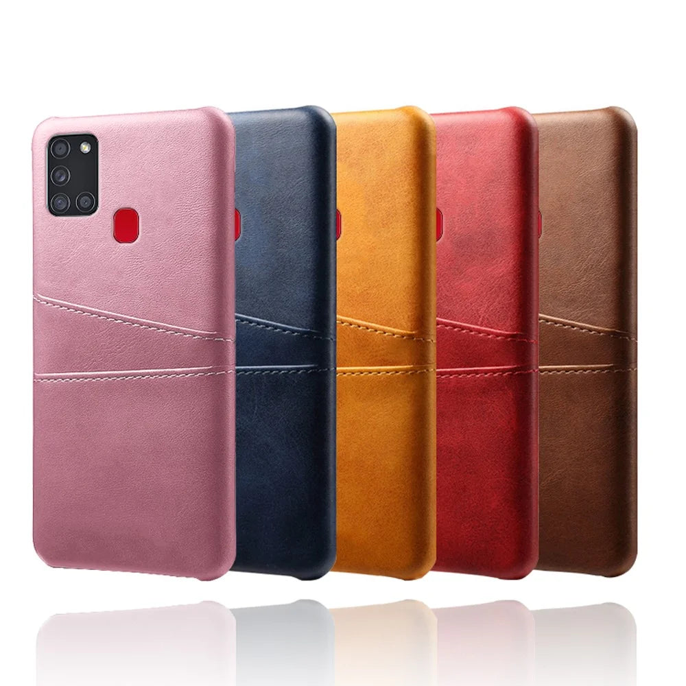 PU Leather Coated Plastic Case with Double Card Slots for Samsung Galaxy A21s - Black - 6