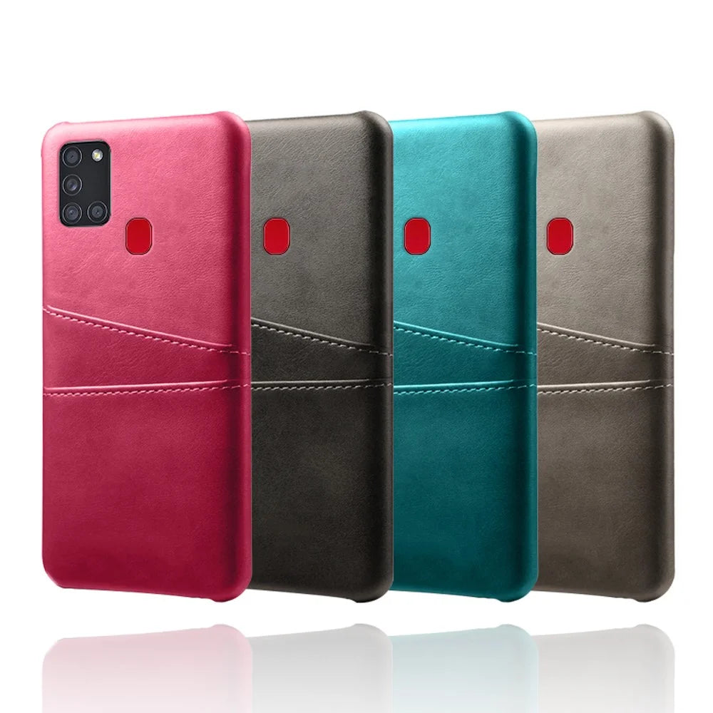 PU Leather Coated Plastic Case with Double Card Slots for Samsung Galaxy A21s - Black - 7