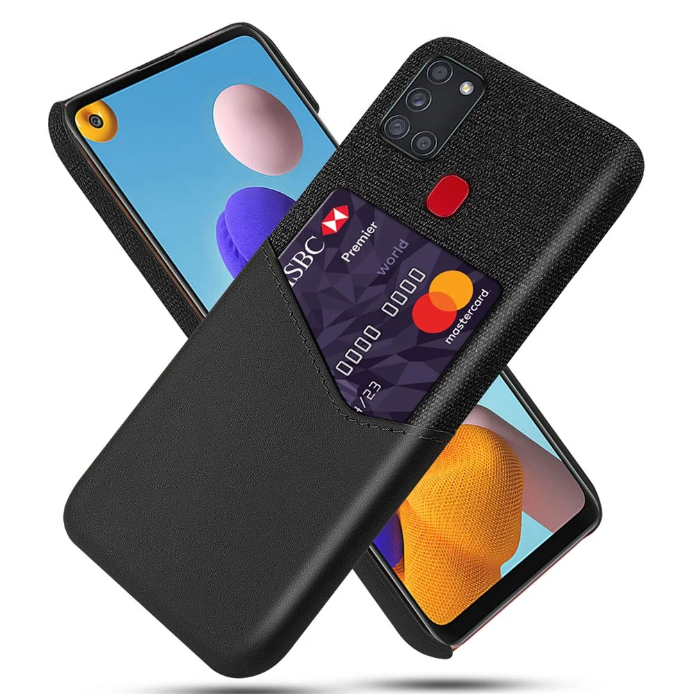 Card Holder Cloth + PU Leather Coated PC Protection Cover for Samsung Galaxy A21s - Black - 1