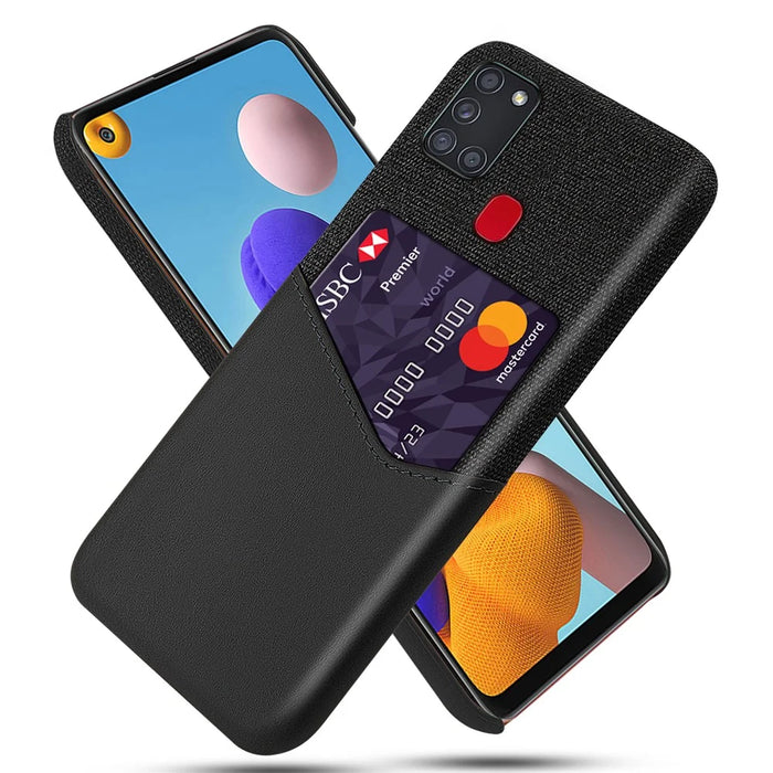 Card Holder Cloth + PU Leather Coated PC Protection Cover for Samsung Galaxy A21s - Black - 1