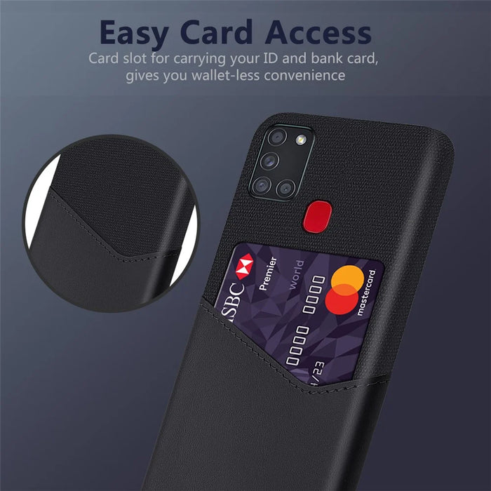 Card Holder Cloth + PU Leather Coated PC Protection Cover for Samsung Galaxy A21s - Black - 4