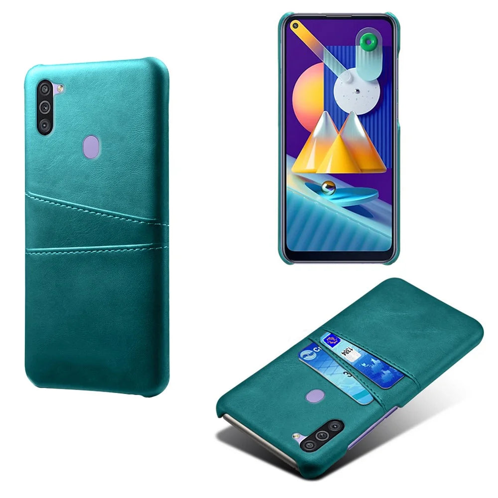 Double Card Slots PU Leather Coated PC Stylish Case for Samsung Galaxy M11 - Green - 1