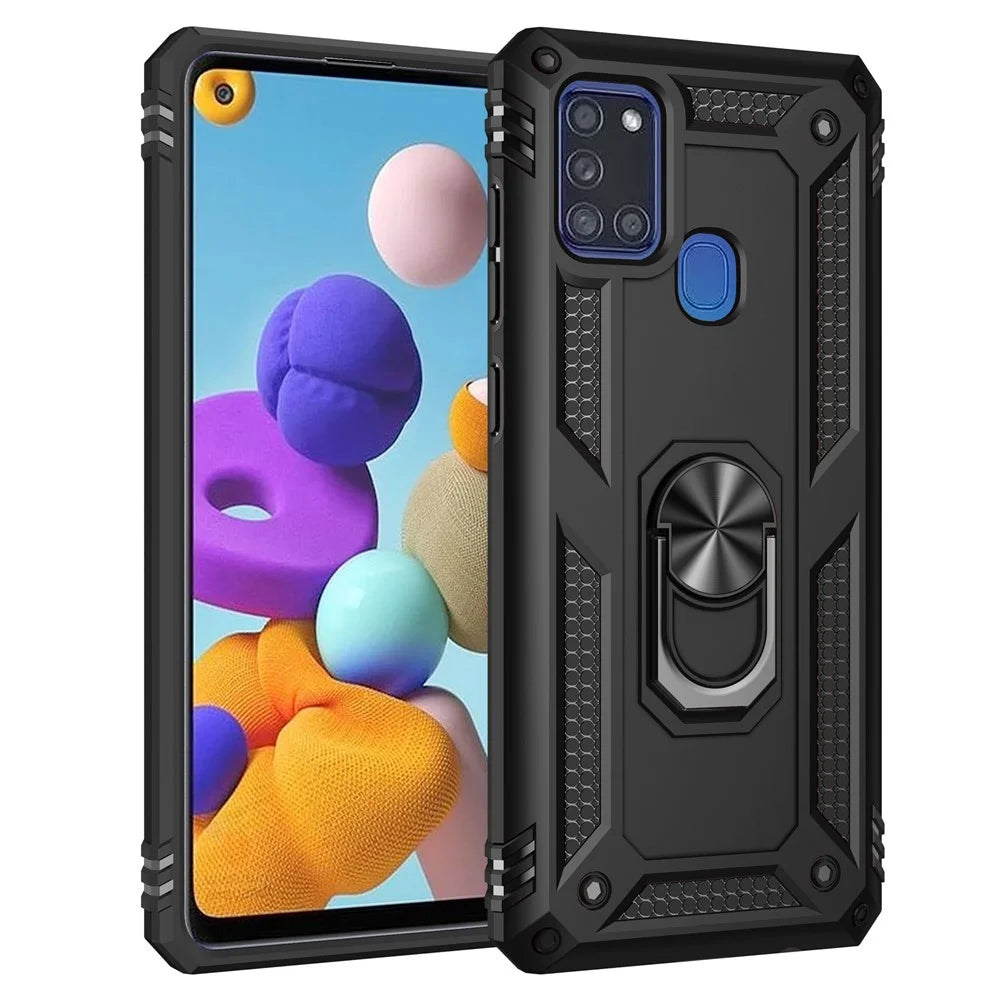 With Ring Kickstand Armor Case PC TPU Stylish Cover for Samsung Galaxy A21s - Black - 1