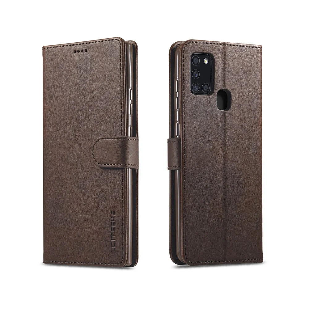 LC.IMEEKE Wallet Stand Leather Shell Mobile Phone Cover for Samsung Galaxy A21s - Coffee - 1