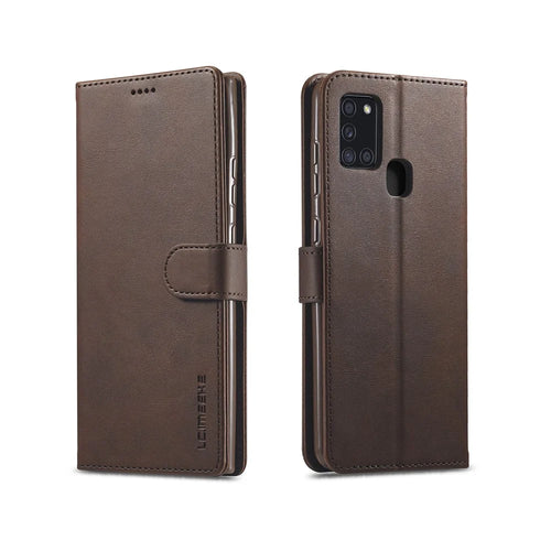 LC.IMEEKE Wallet Stand Leather Shell Mobile Phone Cover for Samsung Galaxy A21s - Coffee - 1