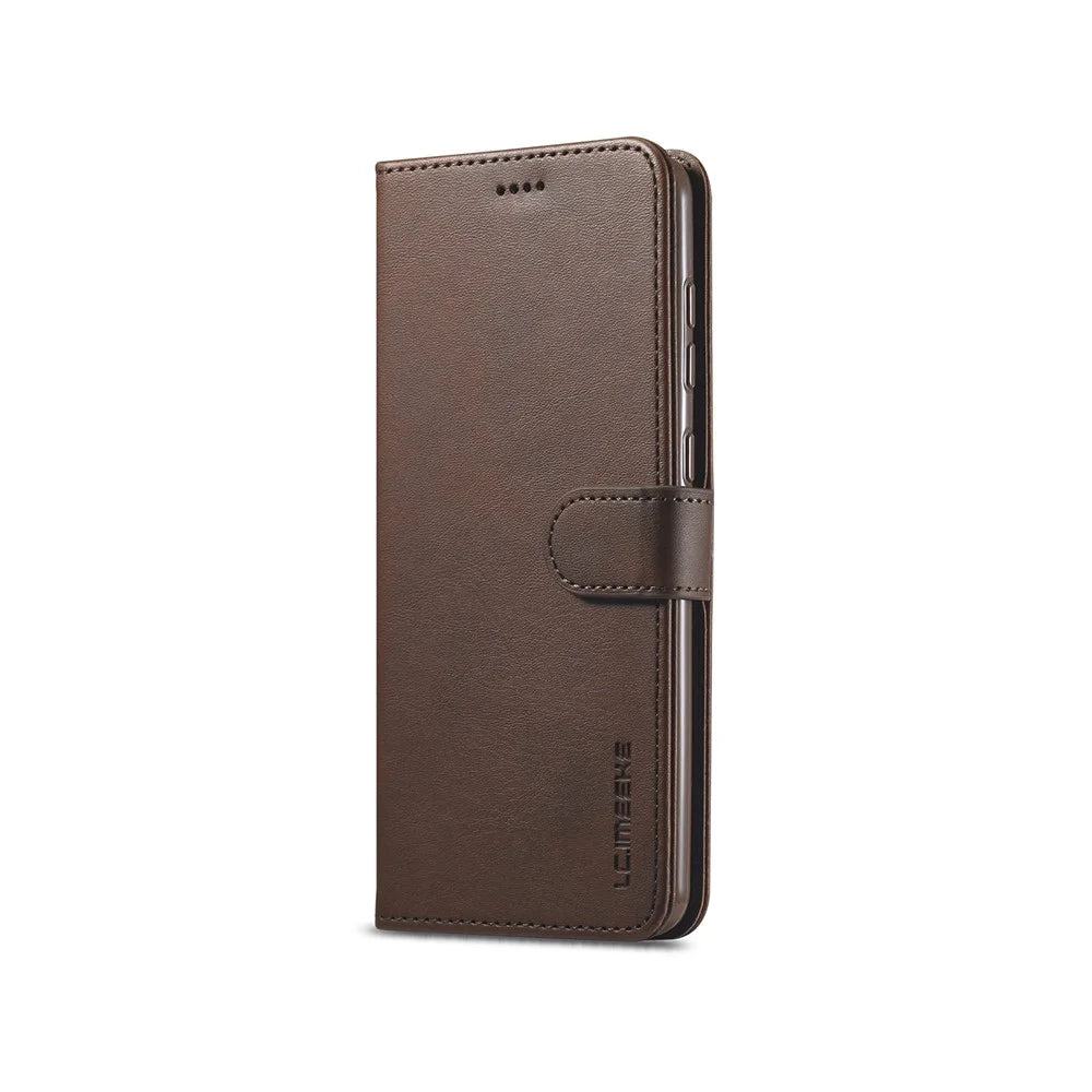 LC.IMEEKE Wallet Stand Leather Shell Mobile Phone Cover for Samsung Galaxy A21s - Coffee - 2
