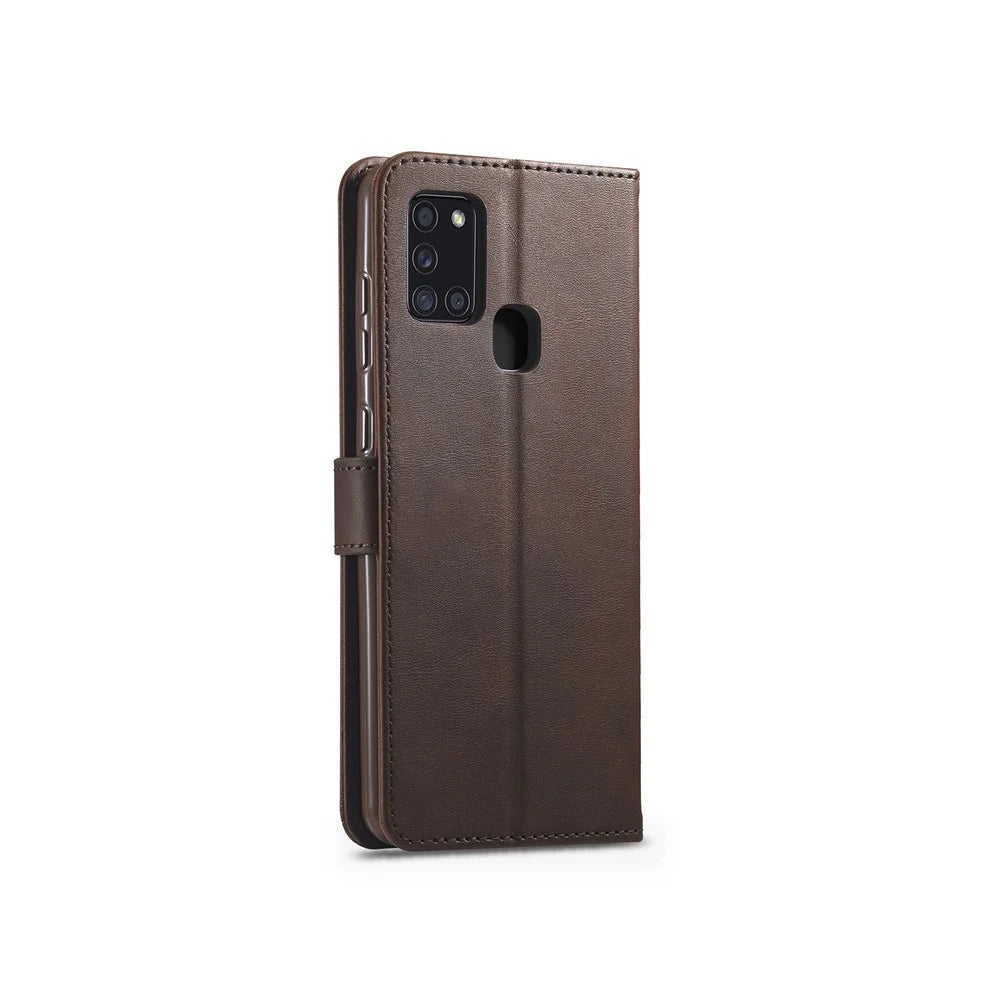 LC.IMEEKE Wallet Stand Leather Shell Mobile Phone Cover for Samsung Galaxy A21s - Coffee - 3