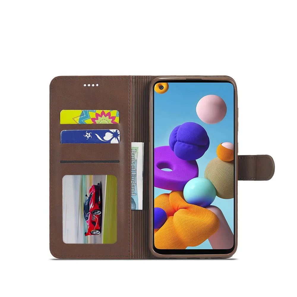 LC.IMEEKE Wallet Stand Leather Shell Mobile Phone Cover for Samsung Galaxy A21s - Coffee - 4