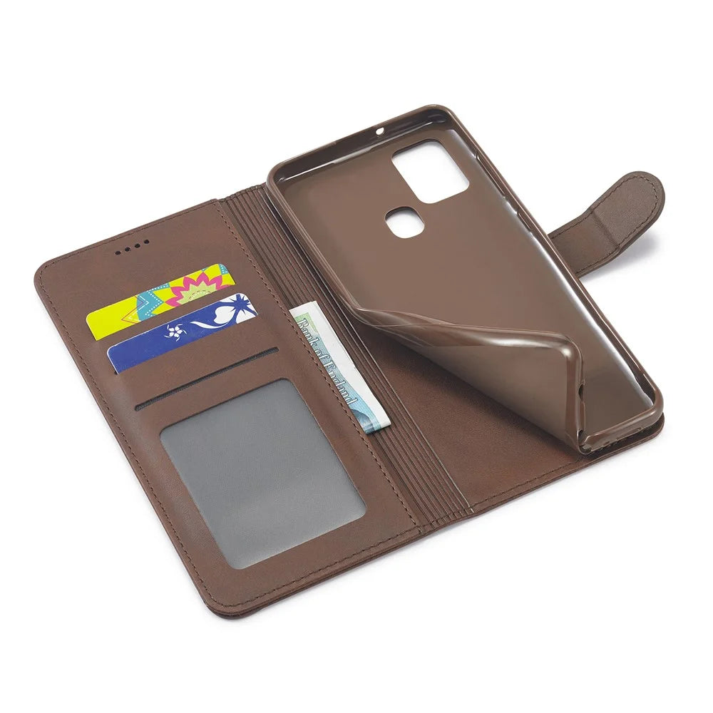 LC.IMEEKE Wallet Stand Leather Shell Mobile Phone Cover for Samsung Galaxy A21s - Coffee - 5