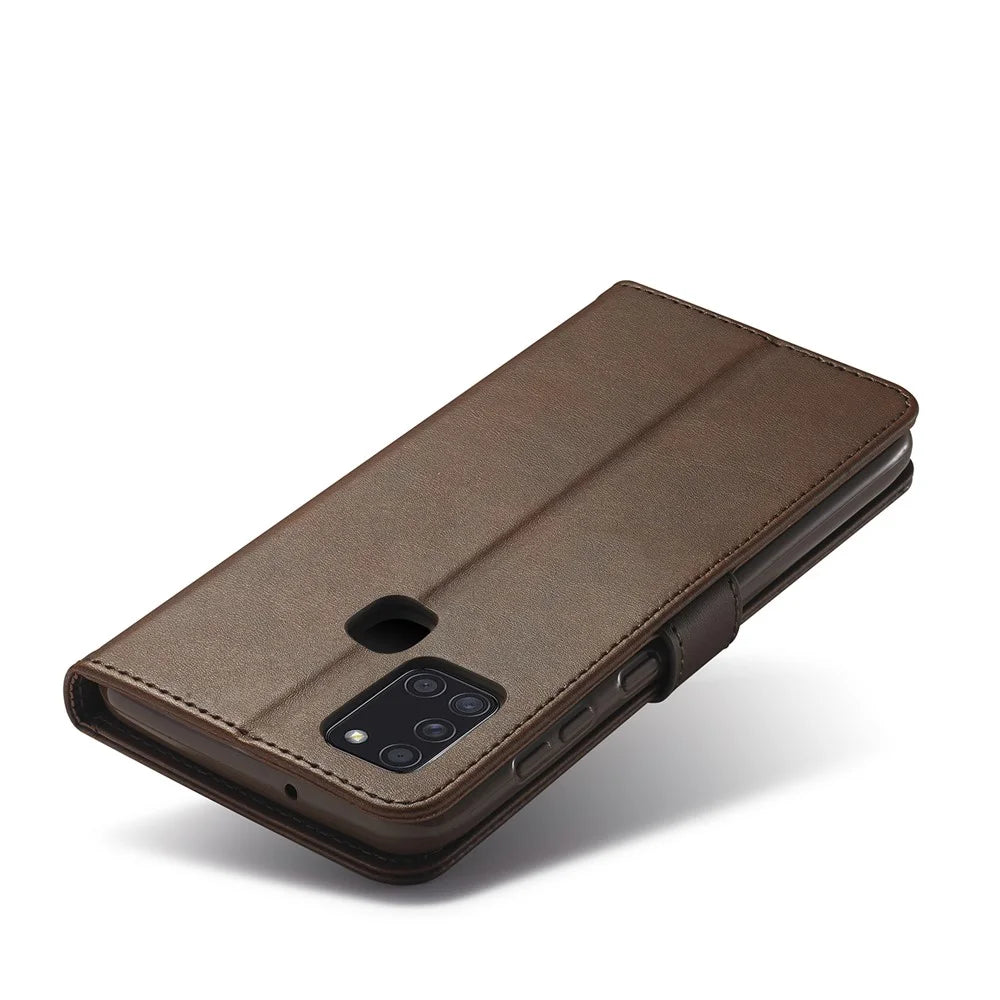 LC.IMEEKE Wallet Stand Leather Shell Mobile Phone Cover for Samsung Galaxy A21s - Coffee - 6