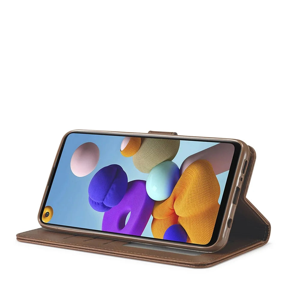 LC.IMEEKE Wallet Stand Leather Shell Mobile Phone Cover for Samsung Galaxy A21s - Coffee - 7
