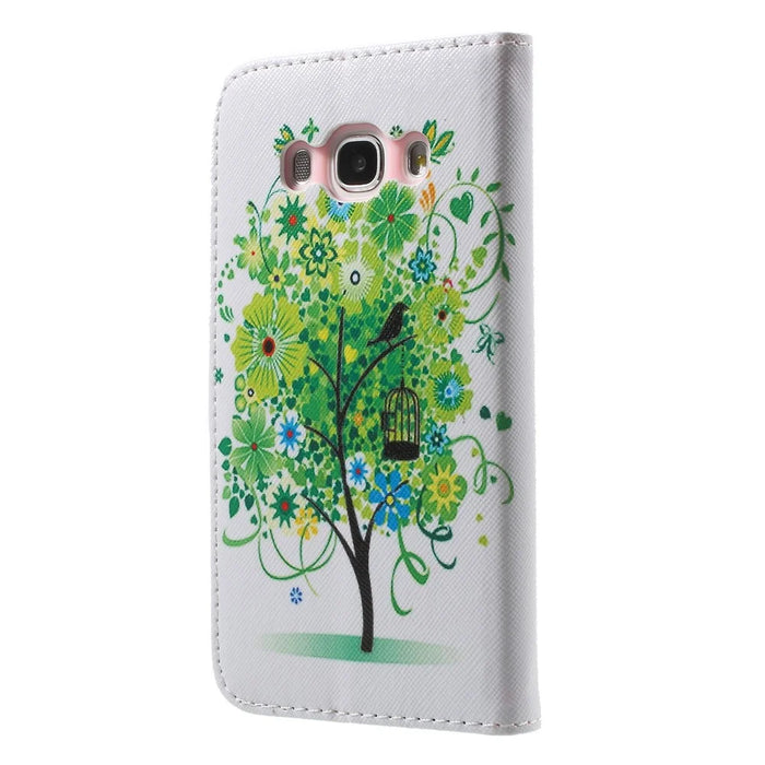 Patterned PU Leather Stand Shell for Samsung Galaxy J5 (2016) - Green Flowers Tree & Birdcage - 2