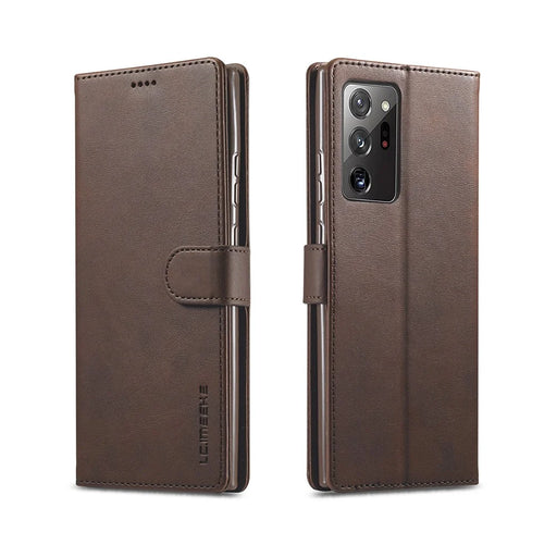 LC.IMEEKE Leather Wallet Stand Cover Cell Phone Case for Samsung Galaxy Note20/Note20 5G - Coffee - 1