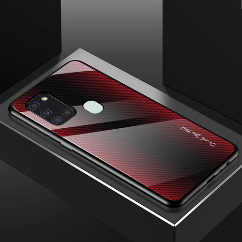 Carbon Fibre Texture Glass Back + TPU Cover for Samsung Galaxy A21s - Red - 1