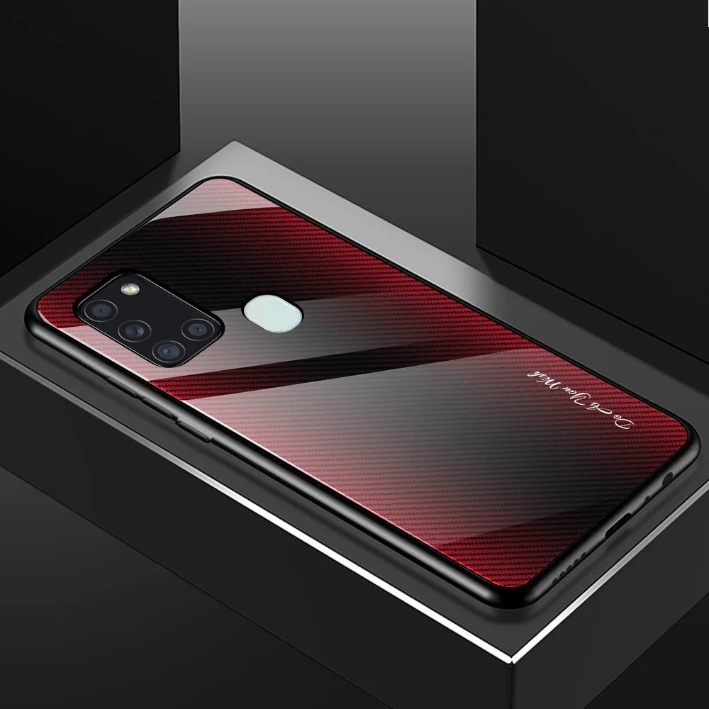 Carbon Fibre Texture Glass Back + TPU Cover for Samsung Galaxy A21s - Red - 1
