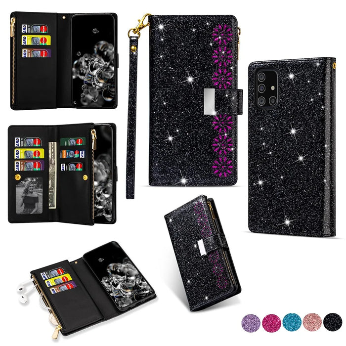 Glittery Starry Style Laser Carving Leather Unique Shell for Samsung Galaxy A31 - Black - 1