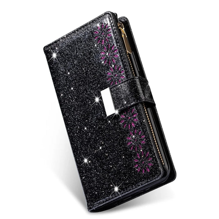 Glittery Starry Style Laser Carving Leather Unique Shell for Samsung Galaxy A31 - Black - 2