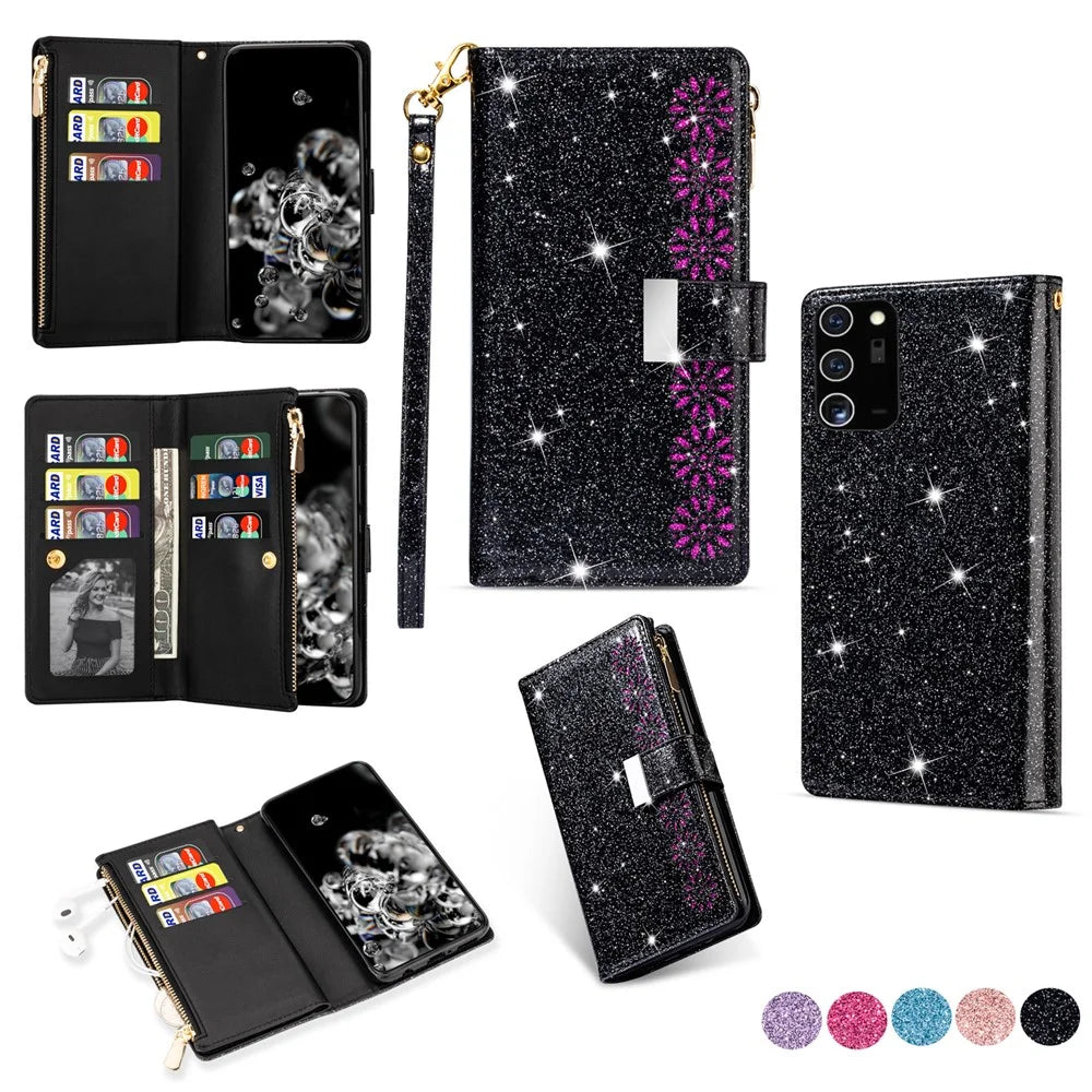 Glittery Starry Style Laser Carving Zipper Leather Case for Samsung Galaxy Note20 Ultra/Note20 Ultra 5G- Black - 1