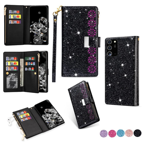 Glittery Starry Style Laser Carving Zipper Leather Case for Samsung Galaxy Note20 Ultra/Note20 Ultra 5G- Black - 1