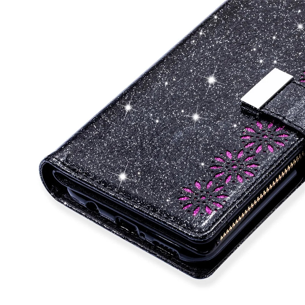 Glittery Starry Style Laser Carving Zipper Leather Case for Samsung Galaxy Note20 Ultra/Note20 Ultra 5G- Black - 7