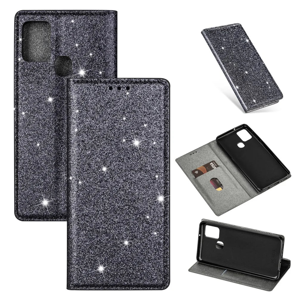 Flash Powder Stand Leather Card Holder Case for Samsung Galaxy A21s - Grey - 1