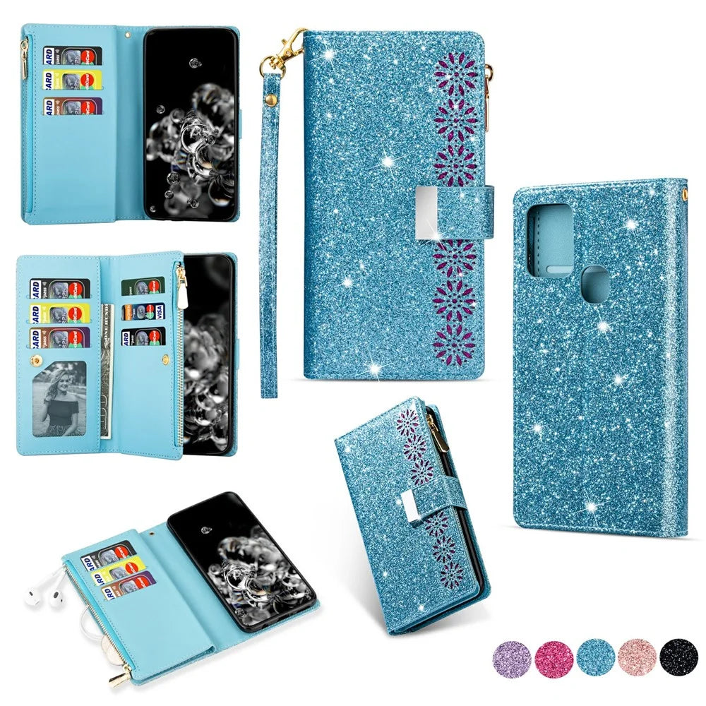 Glittery Starry Style Laser Carving Leather Cover for Samsung Galaxy A21s - Blue - 1