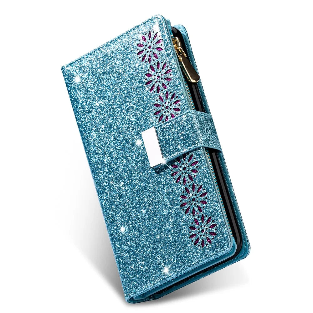 Glittery Starry Style Laser Carving Leather Cover for Samsung Galaxy A21s - Blue - 2