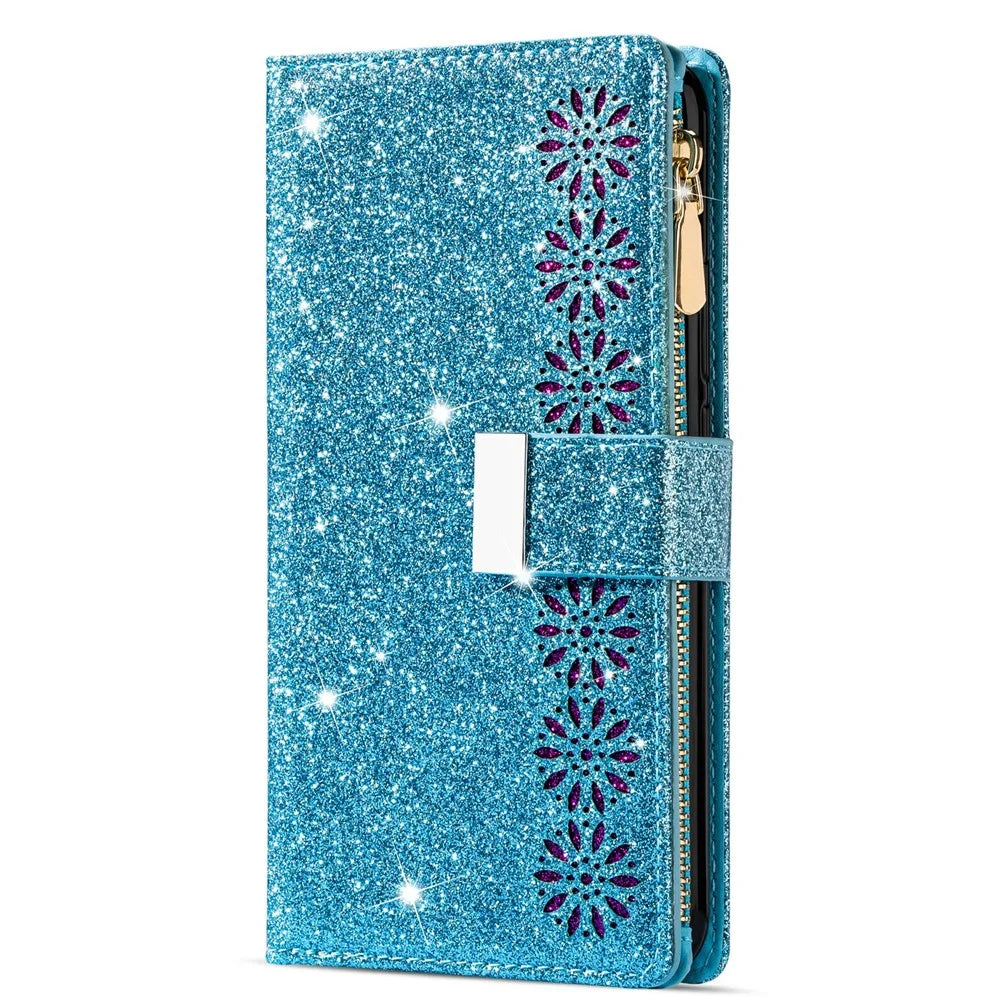 Glittery Starry Style Laser Carving Leather Cover for Samsung Galaxy A21s - Blue - 7
