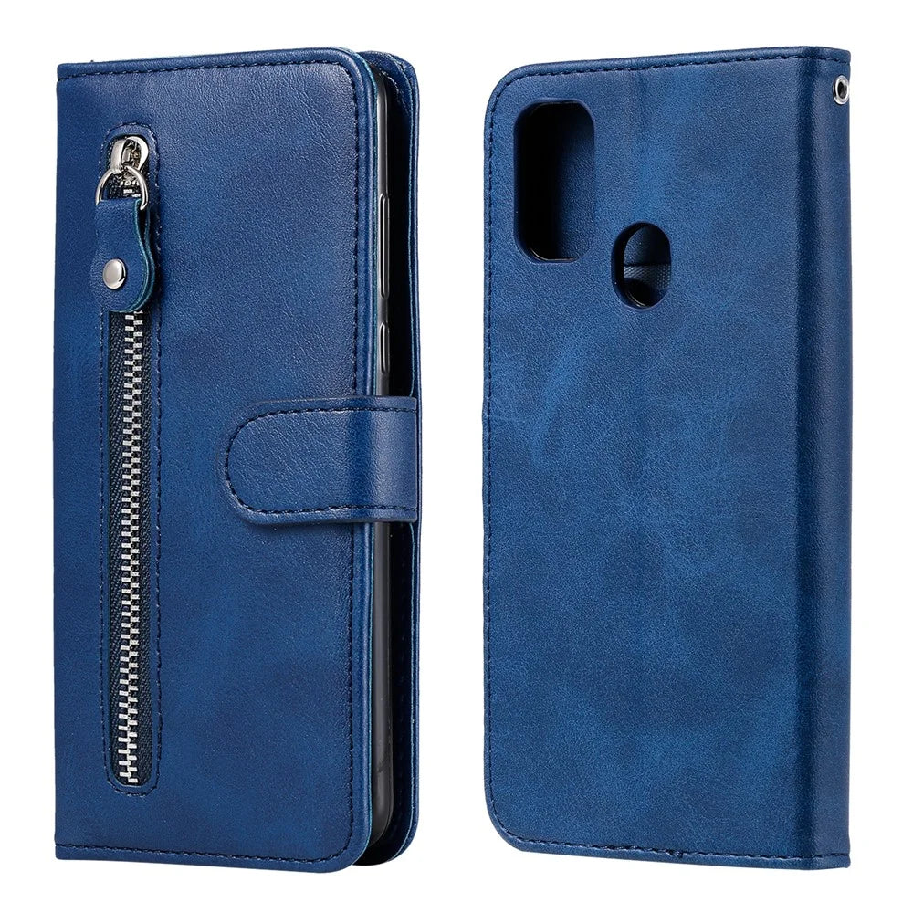 Zipper Pocket Leather Wallet Stand Case for Samsung Galaxy M21 / M30s - Blue - 1