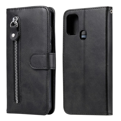 Zipper Pocket Leather Wallet Stand Case for Samsung Galaxy M31 - Black - 1