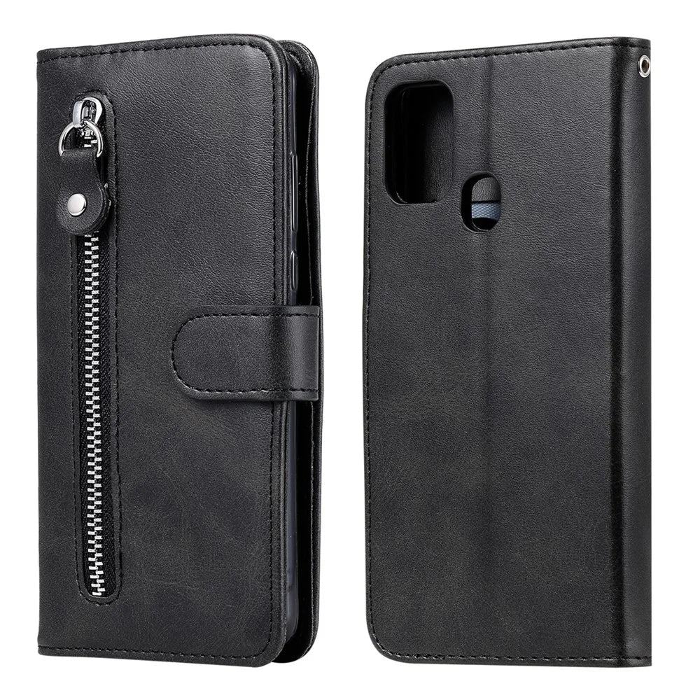 Zipper Pocket Leather Wallet Stand Case for Samsung Galaxy M31 - Black - 1