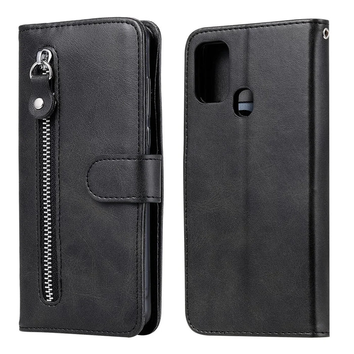 Zipper Pocket Leather Wallet Stand Case for Samsung Galaxy M31 - Black - 1