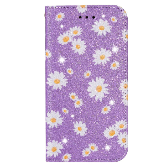 Daisy Pattern Flash Powder Card Holder Flip Leather Phone Case for Samsung Galaxy A21s - Purple - 1