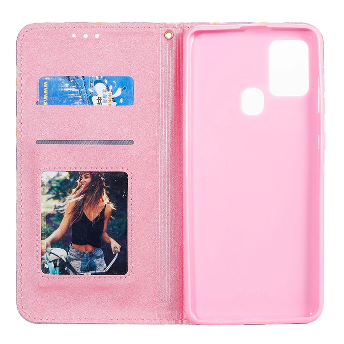 Daisy Pattern Flash Powder Card Holder Flip Leather Phone Case for Samsung Galaxy A21s - Purple - 2