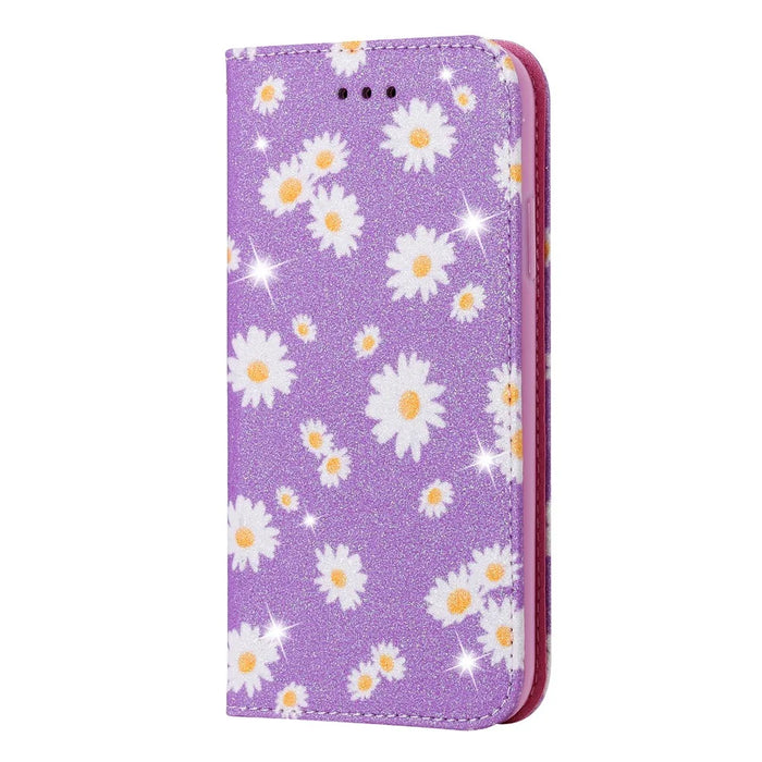 Daisy Pattern Flash Powder Card Holder Flip Leather Phone Case for Samsung Galaxy A21s - Purple - 3