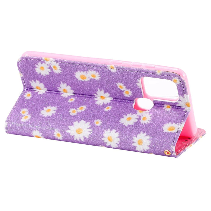 Daisy Pattern Flash Powder Card Holder Flip Leather Phone Case for Samsung Galaxy A21s - Purple - 7