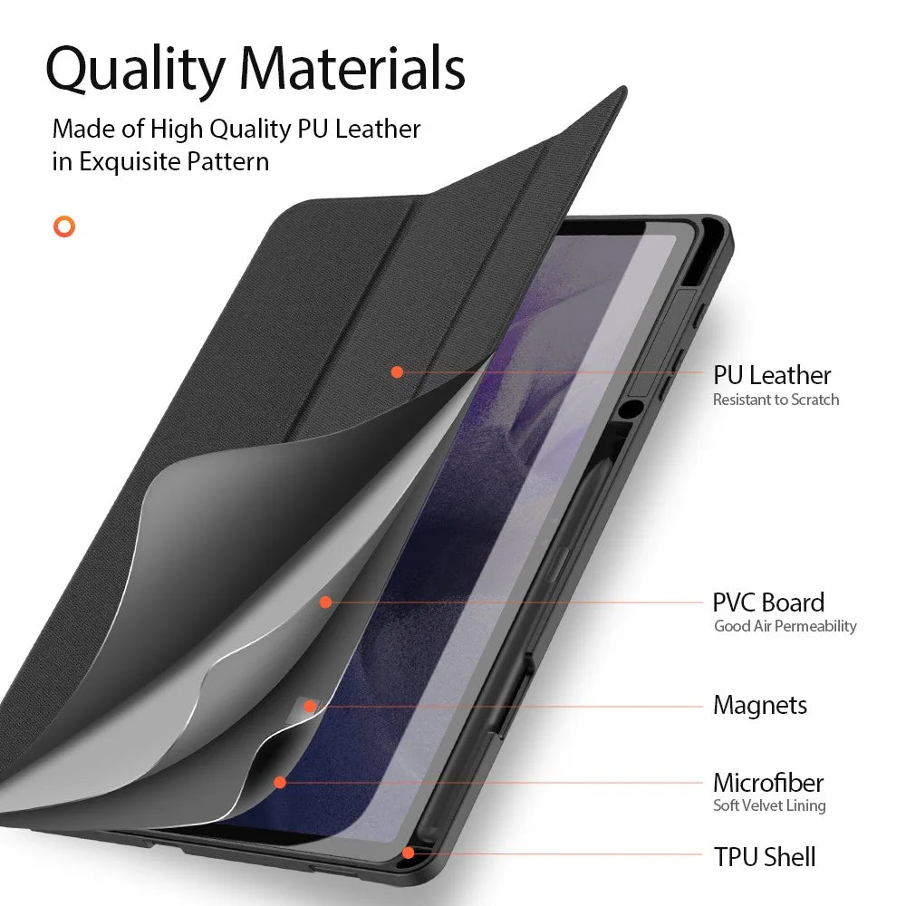 DUX DUCIS DOMO Series Tri-fold Stand Leather Smart Case with Pen Holder and Pen Stand Hole for Samsung Galaxy Tab S7+ / S7 FE / S8+ - Black - 6