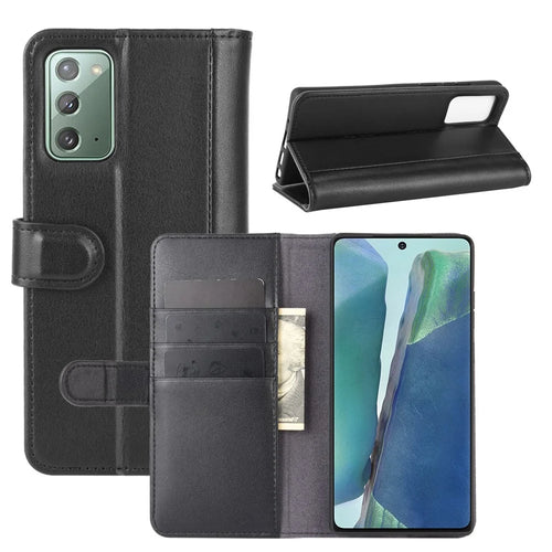 For Samsung Galaxy Note20 / Note20 5G Phone Cases Genuine Split Leather Wallet Mobile Cover Stand - Black - 1