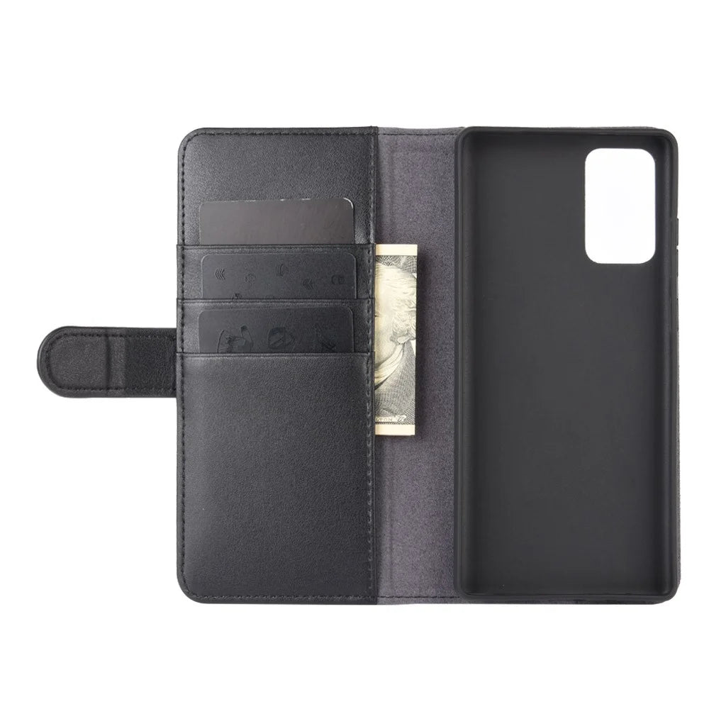 For Samsung Galaxy Note20 / Note20 5G Phone Cases Genuine Split Leather Wallet Mobile Cover Stand - Black - 5
